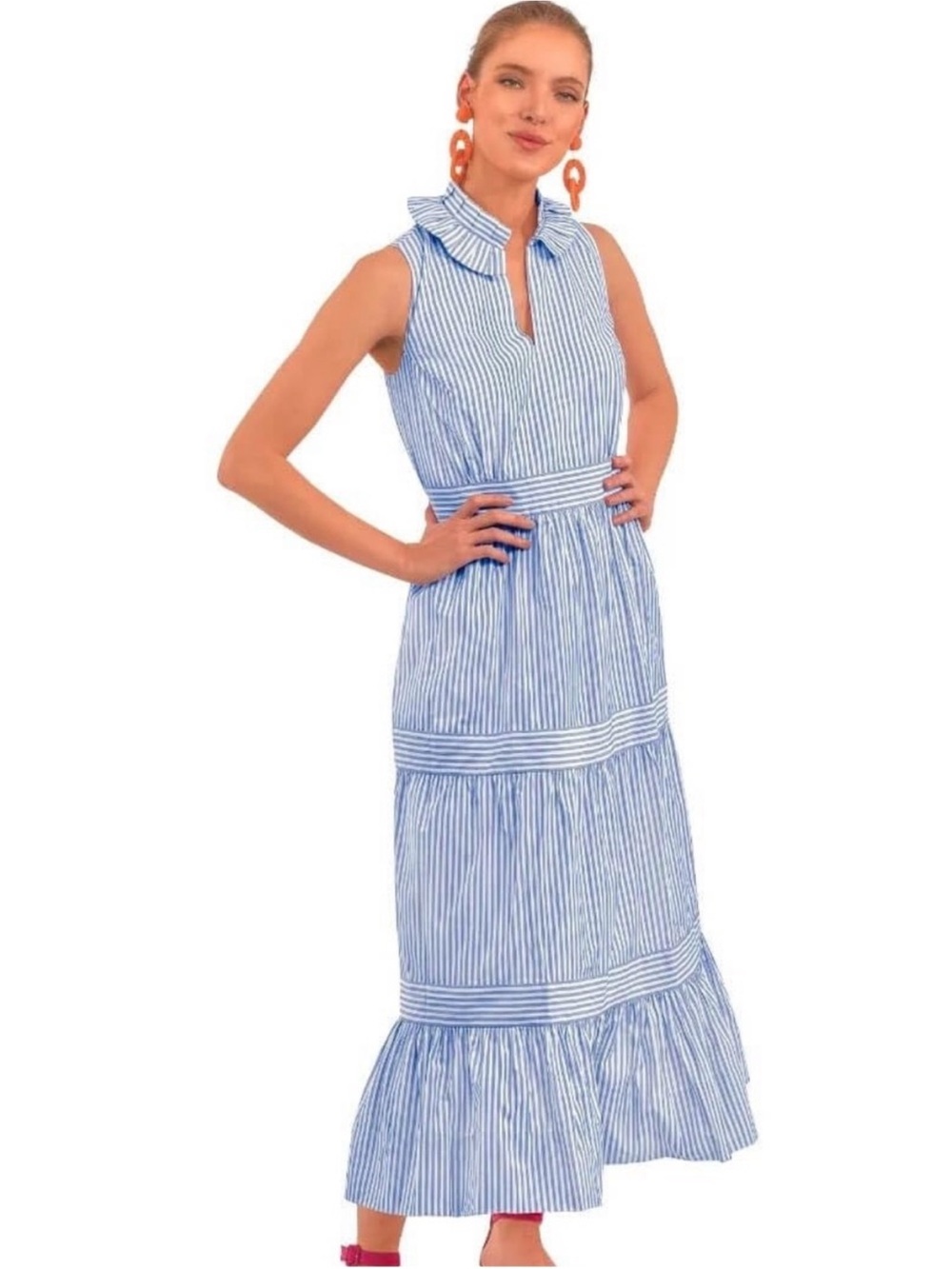 Gretchen Scott Blue and White Striped Ruffle Tiered Dress